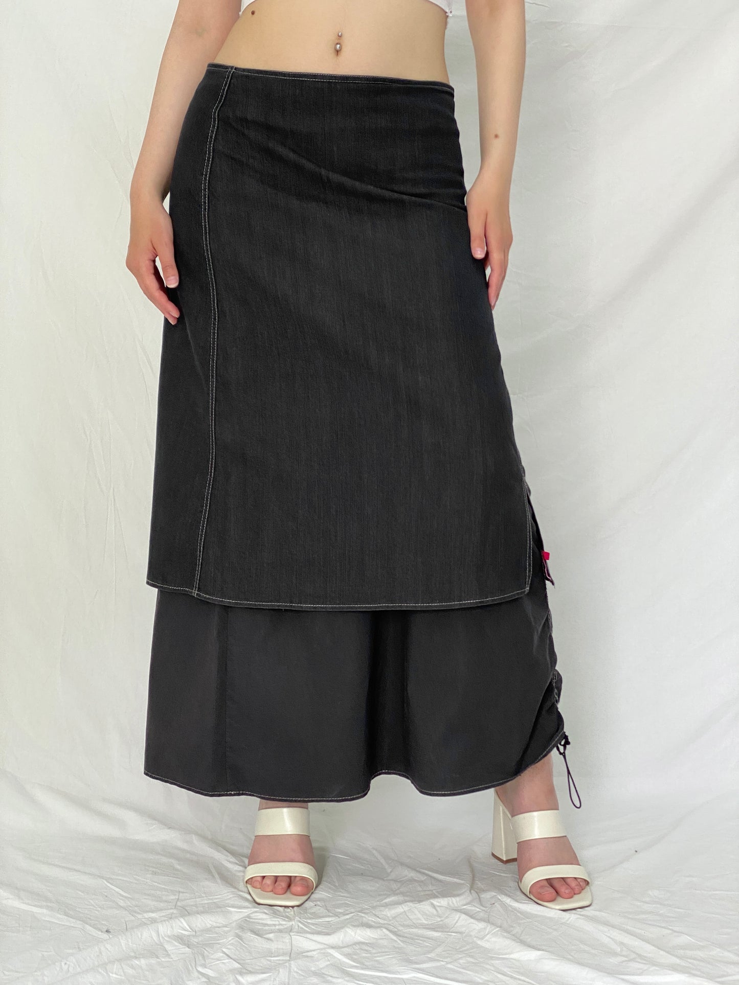 Y2K Fozmul Dark Navy Layered Denim Maxi Ruched Side Utility Aesthetic Skirt – M