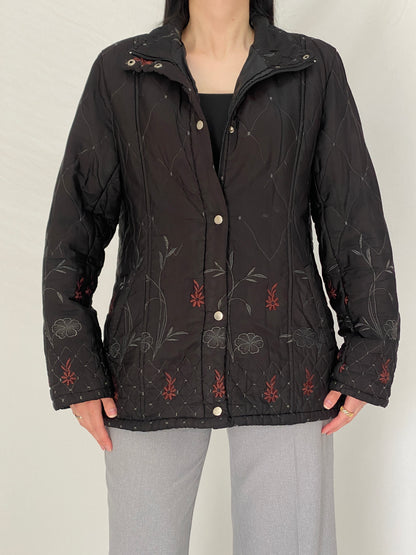 Vintage 90s Motuoren Black Quilted Embroidered Floral Lightweight Padded Jacket Coat - M