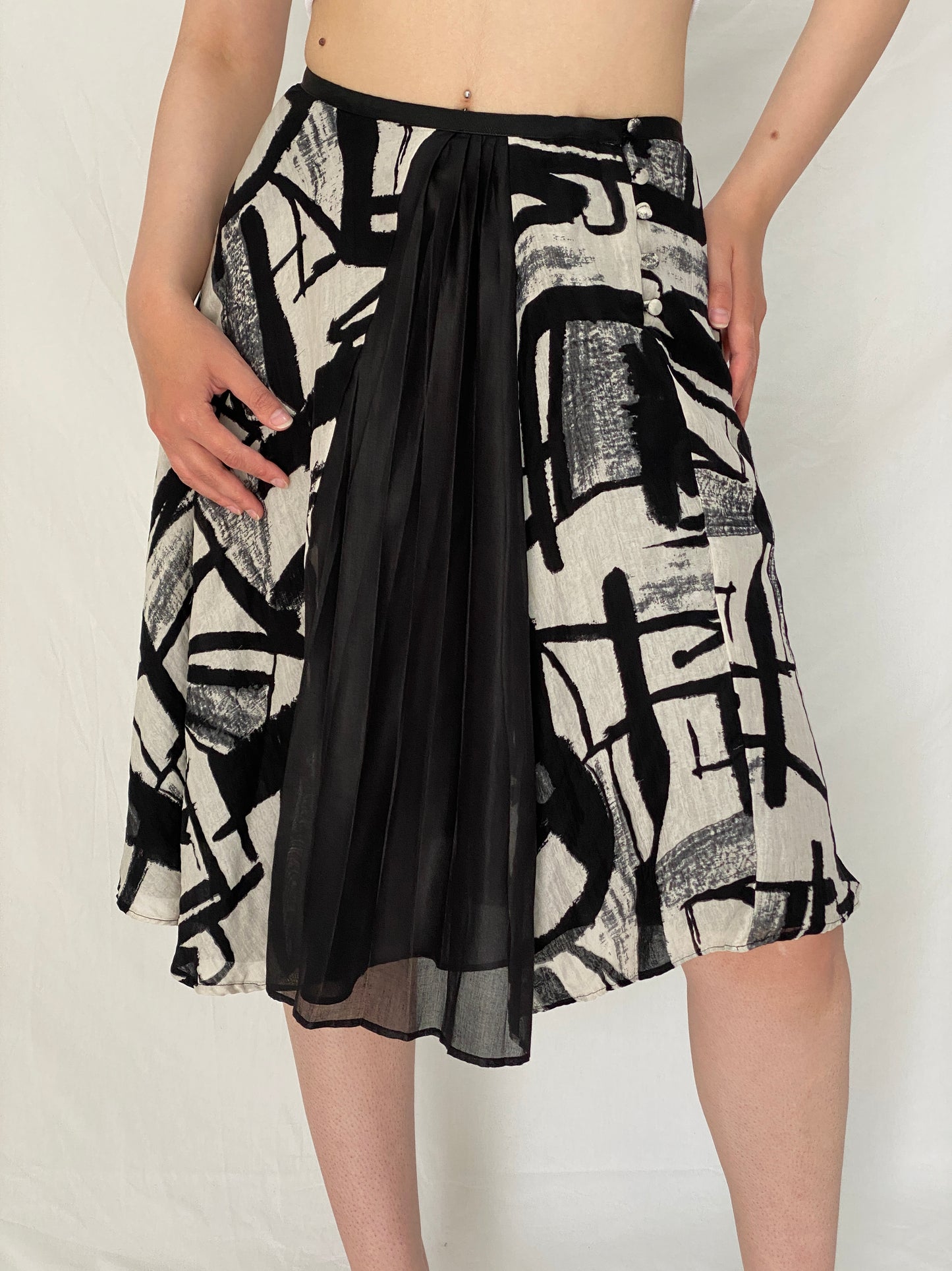 MNG Limited Edition Abstract Silk Cotton Blend Black & White Artsy Midi Skirt – S