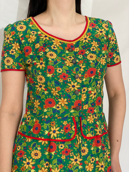 Vintage 60s/70s Handmade Green Floral Button-Front Short Sleeve Midi Dress - M