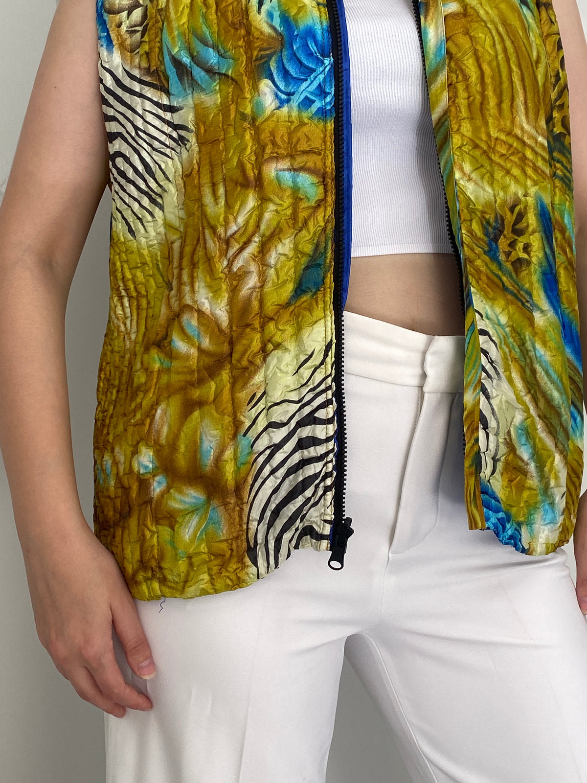Vintage 90s Reversible Blue Yellow Abstract Crinkle Quilted Zip-Up Vest – L