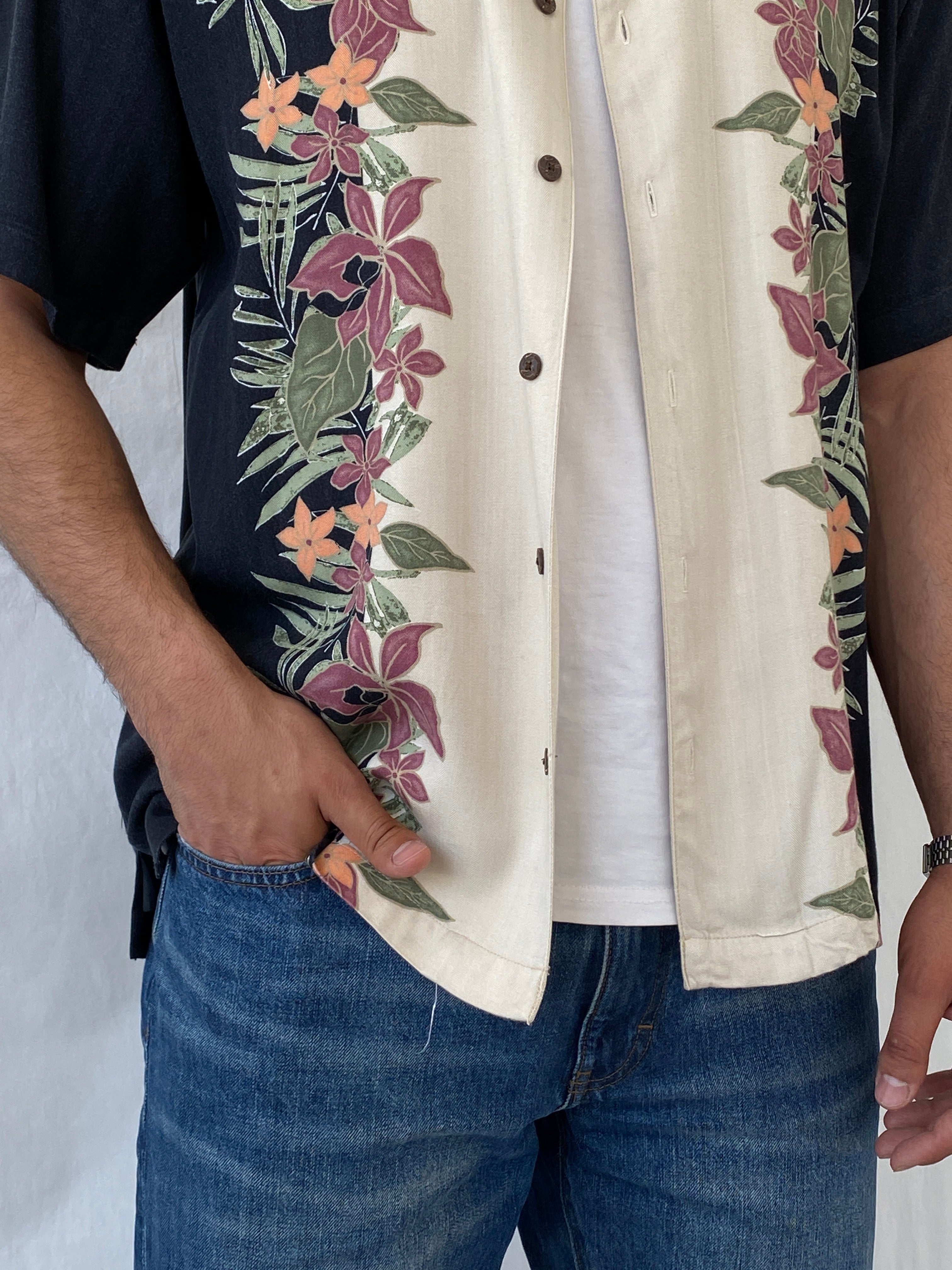 Vintage Red Macaw Black Floral Men’s Short Sleeve Hawaiian Rayon Beach Shirt - L