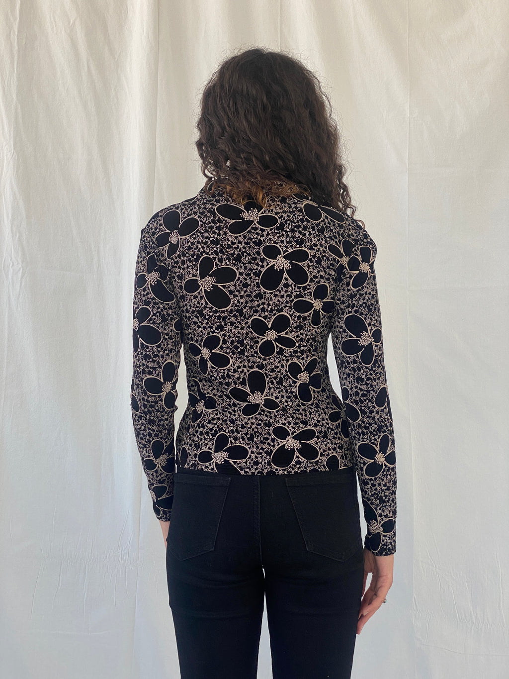 Adorable Y2K Lycra Only By Dupont Floral Button Up Full Sleeve Black Shirt - S