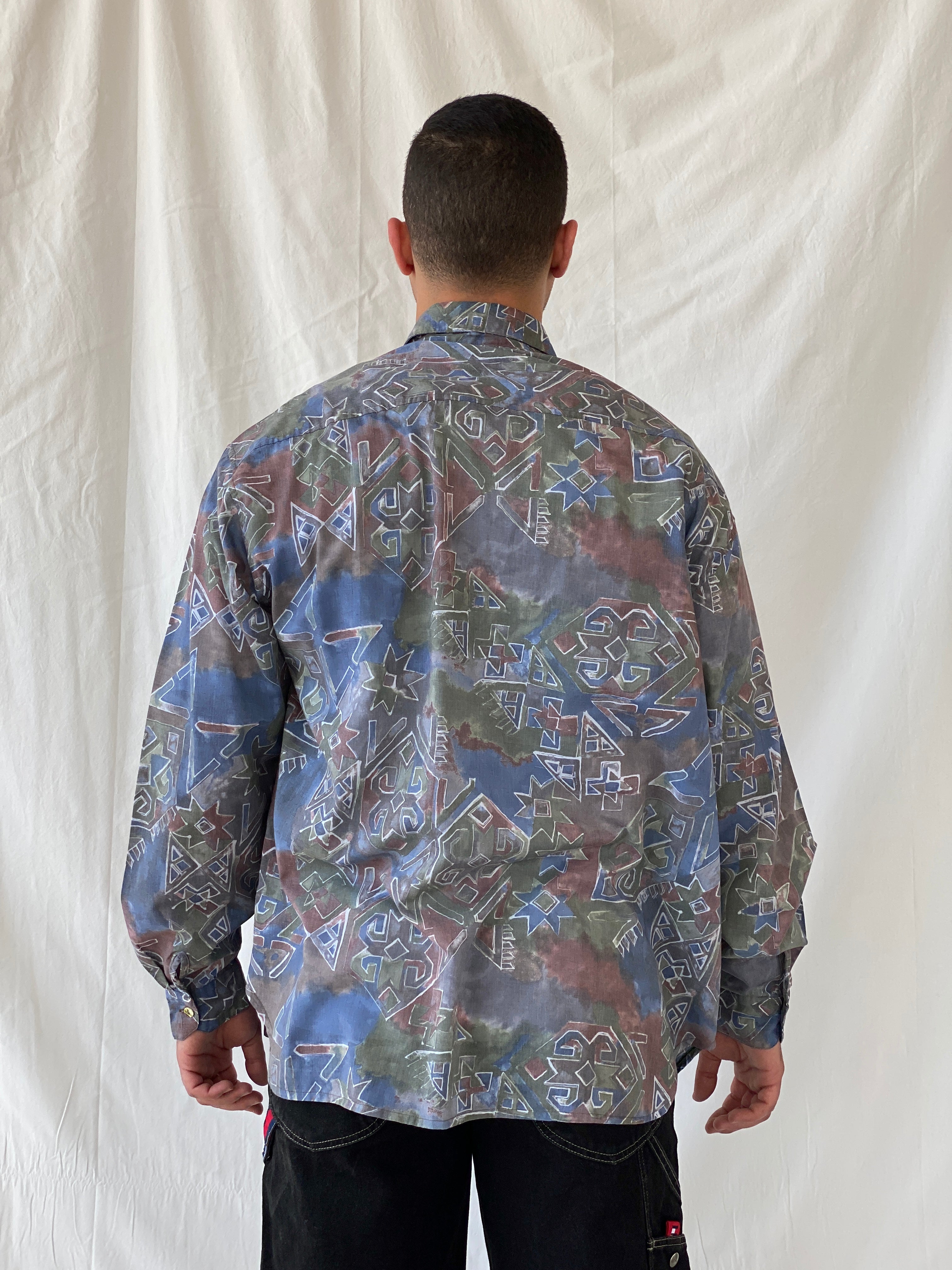 Vintage Ki////092 Clothing Company Men’s Tie-dye Geometric Print Long Sleeve Shirt - XL