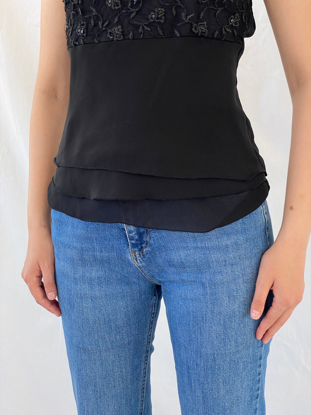 Vintage Black Embroidered Chiffon Camisole Beaded Cami Top - M