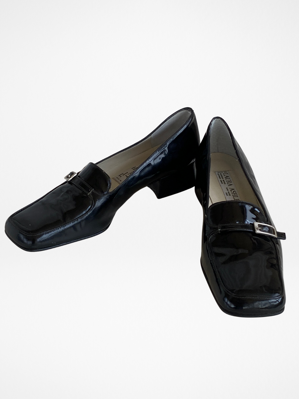Vintage Laura Ashley Black Patent Leather Loafers with Buckle Detail – Women’s Size 38EU