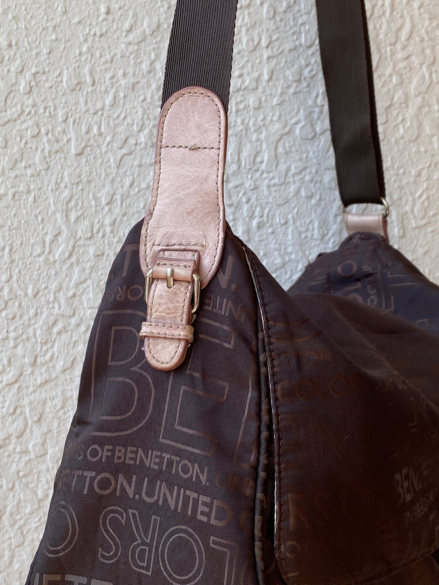Y2K United Colors of Benetton Brown Logo Print Nylon Messenger Shoulder Bag