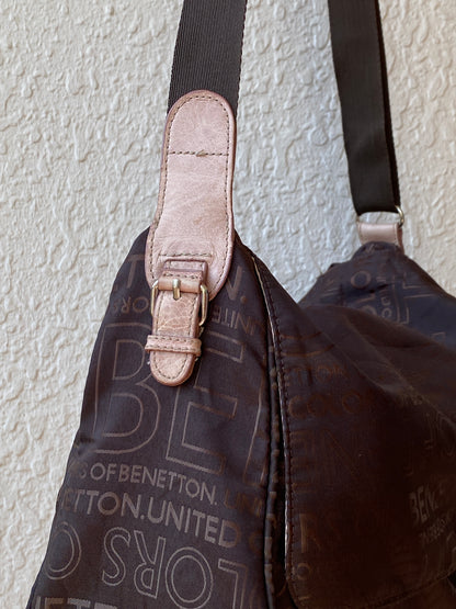 Y2K United Colors of Benetton Brown Logo Print Nylon Messenger Shoulder Bag