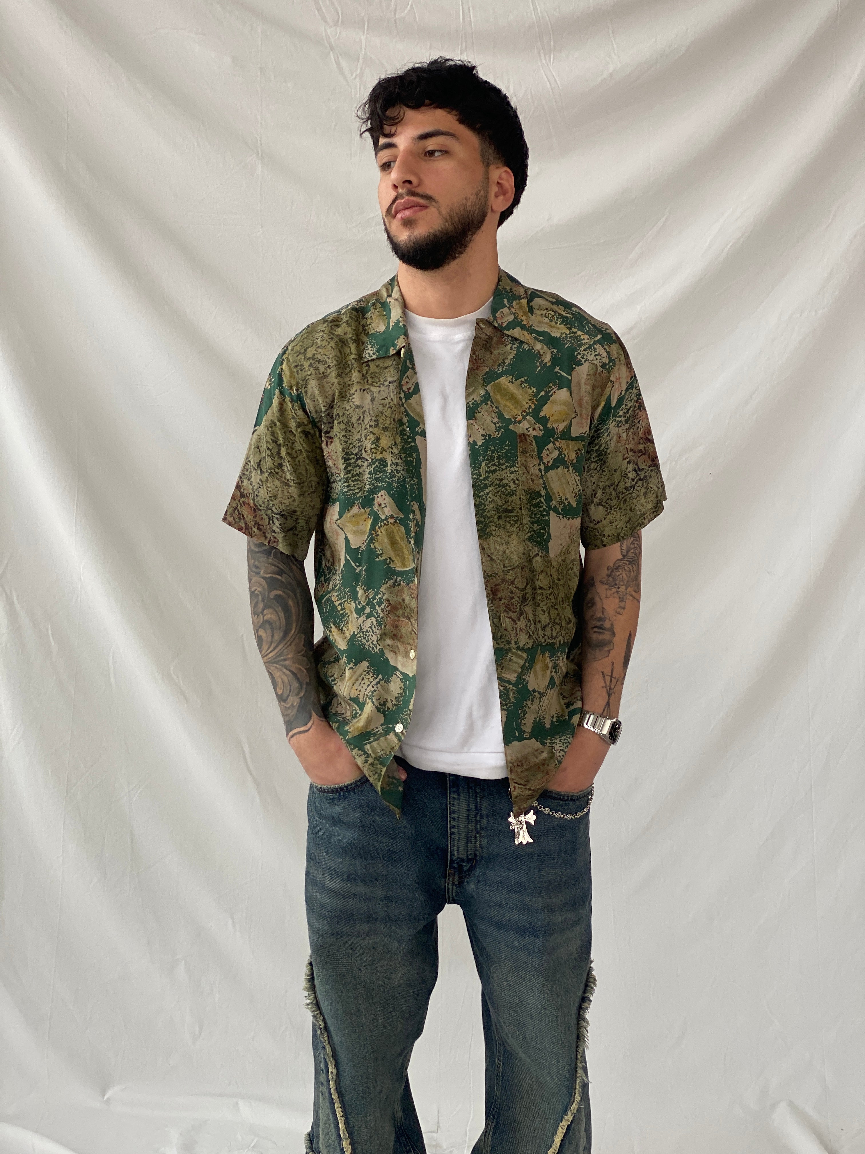 Vintage 90s Oleg Cassini Green Half Sleeve Men‘s Shirt - M