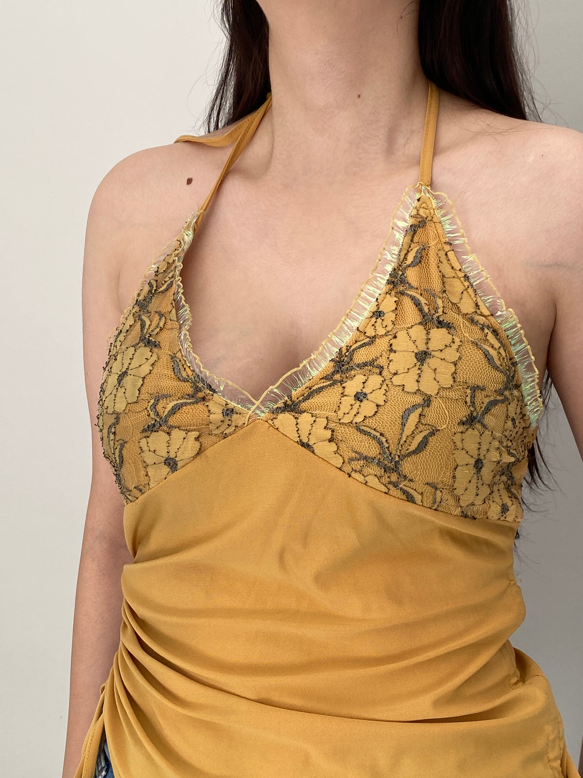 Y2K Vogue by Lemoncola Mustard Lace Ruched Halter Top – XL