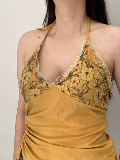 Y2K Vogue by Lemoncola Mustard Lace Ruched Halter Top – XL
