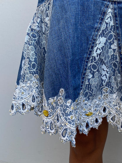 Y2K Rosa & Rose Blue Cotton Denim Lace Rhinestone Flared Skirt – S