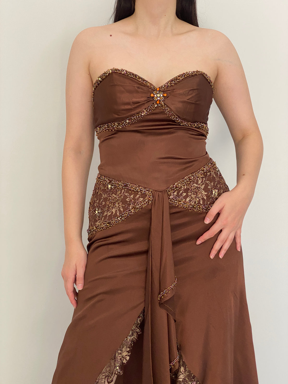 Vintage Party Time Brown Beaded Lace Strapless Formal Gown – M