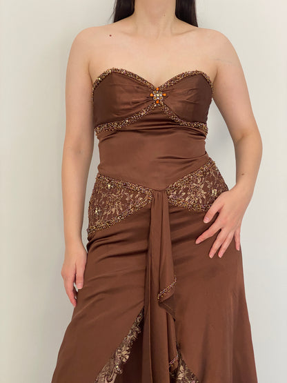 Vintage Party Time Brown Beaded Lace Strapless Formal Gown – M