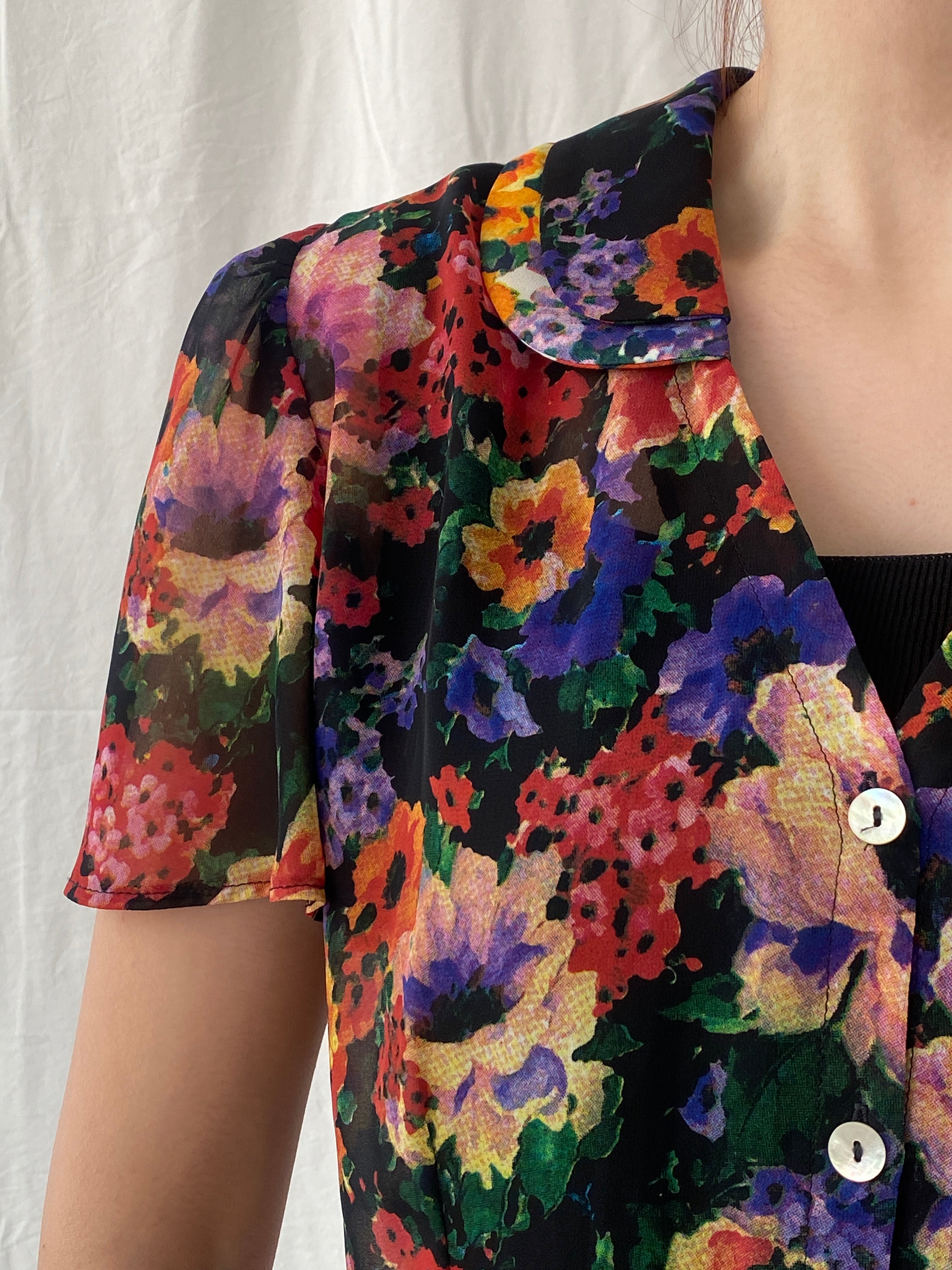 Vintage 90s Anne Lewis Sheer Floral Women’s Short Puff Sleeve Shirt - M