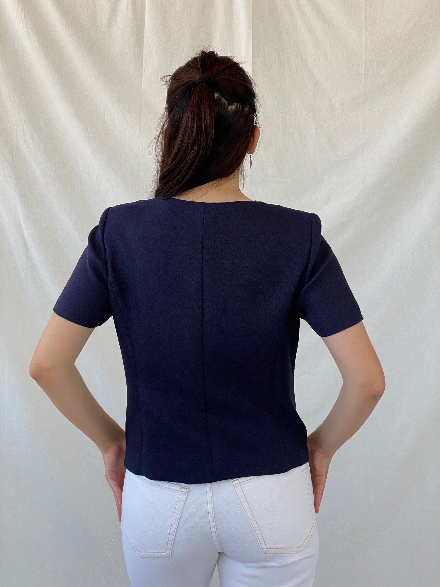 Vintage HBS Collection Navy White Buttons Women’s Short Sleeve Blazer - M