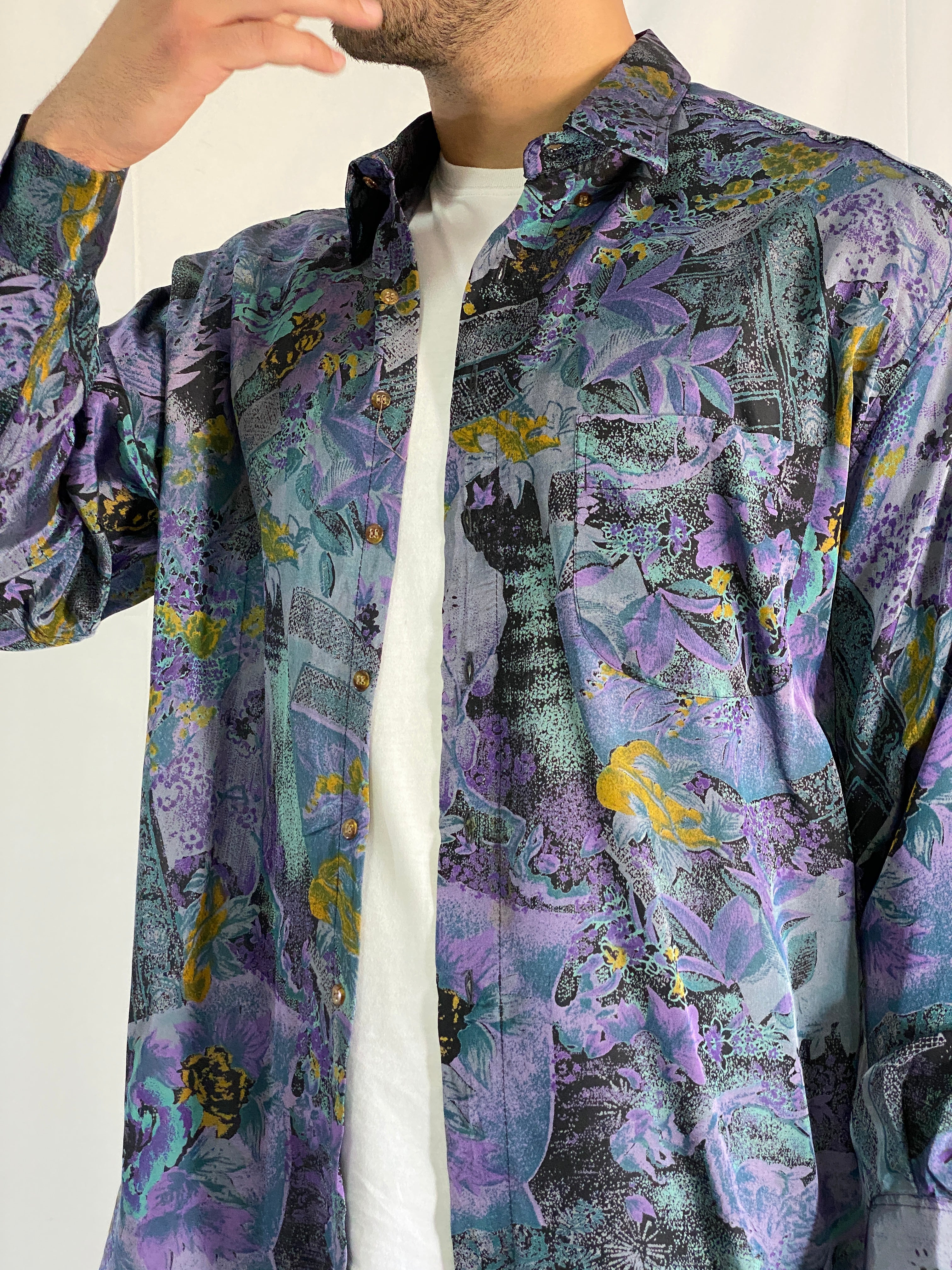 Vintage Purple And Teal Abstract Long Sleeve Floral Men’s Silk Shirt - L