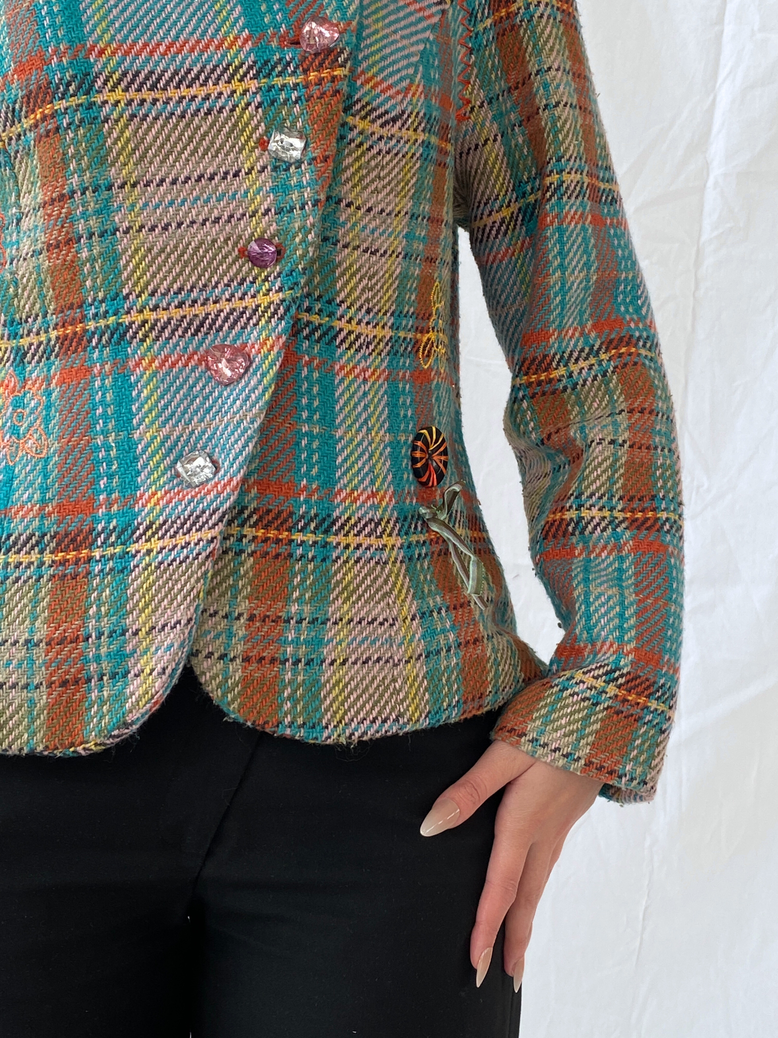 Vintage Rainbow Plaid Whimsy Exaggerated Collar Women’s Blazer - L