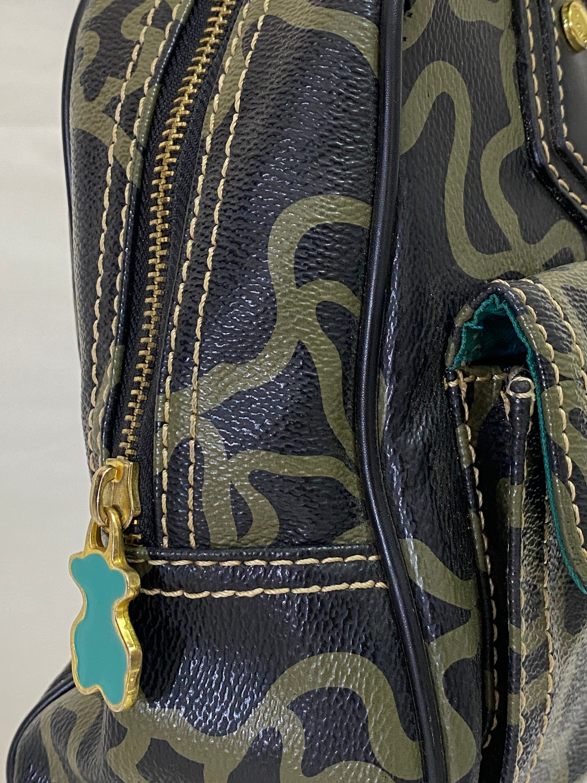 TOUS Kaos Monogram Satchel Bag Black Khaki Bear Logo Bowling Top Handle Purse TOUS Kaos Monogram Satchel Bag Black Khaki Bear Logo Bowling Top Handle Purse