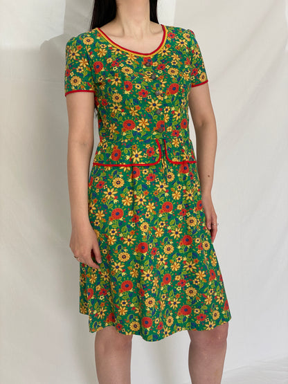 Vintage 60s/70s Handmade Green Floral Button-Front Short Sleeve Midi Dress - M