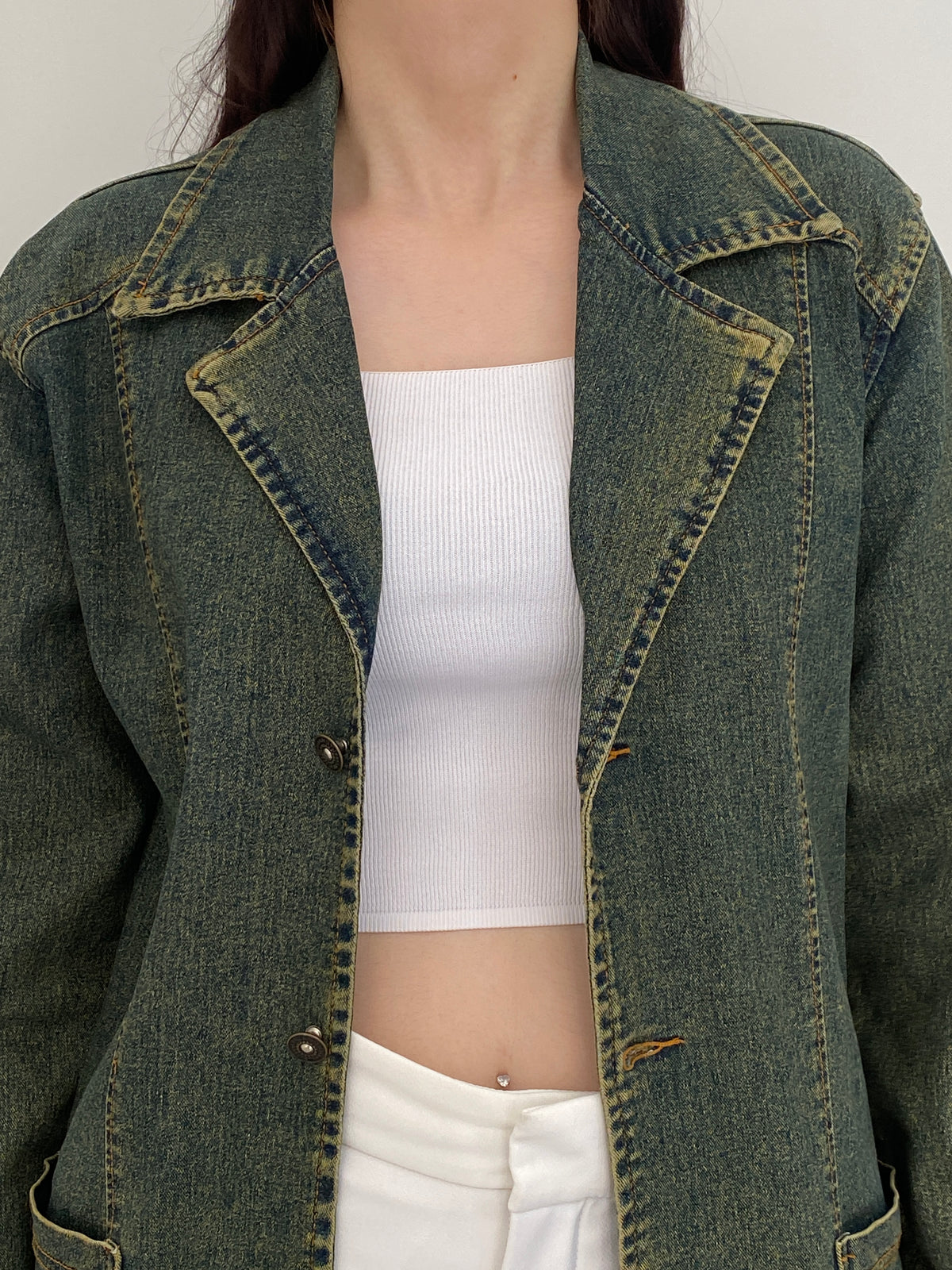 Vintage Y2K C&Y Classic Jeans Olive Blue Cotton Denim Longline Blazer Coat - XL