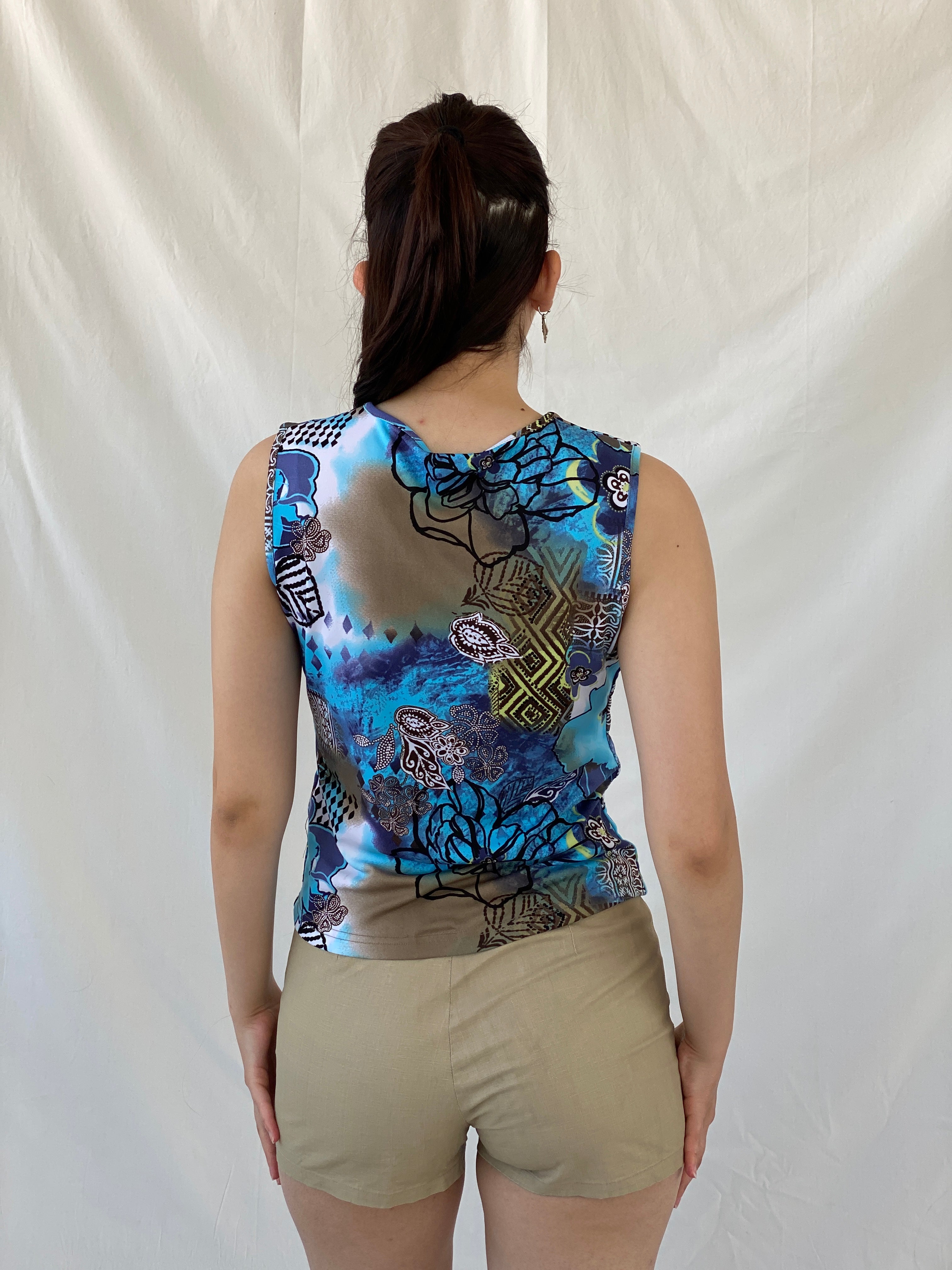 Vintage Y2K Biaggini Floral Blue V-Neck Sleeveless Tank Top - L