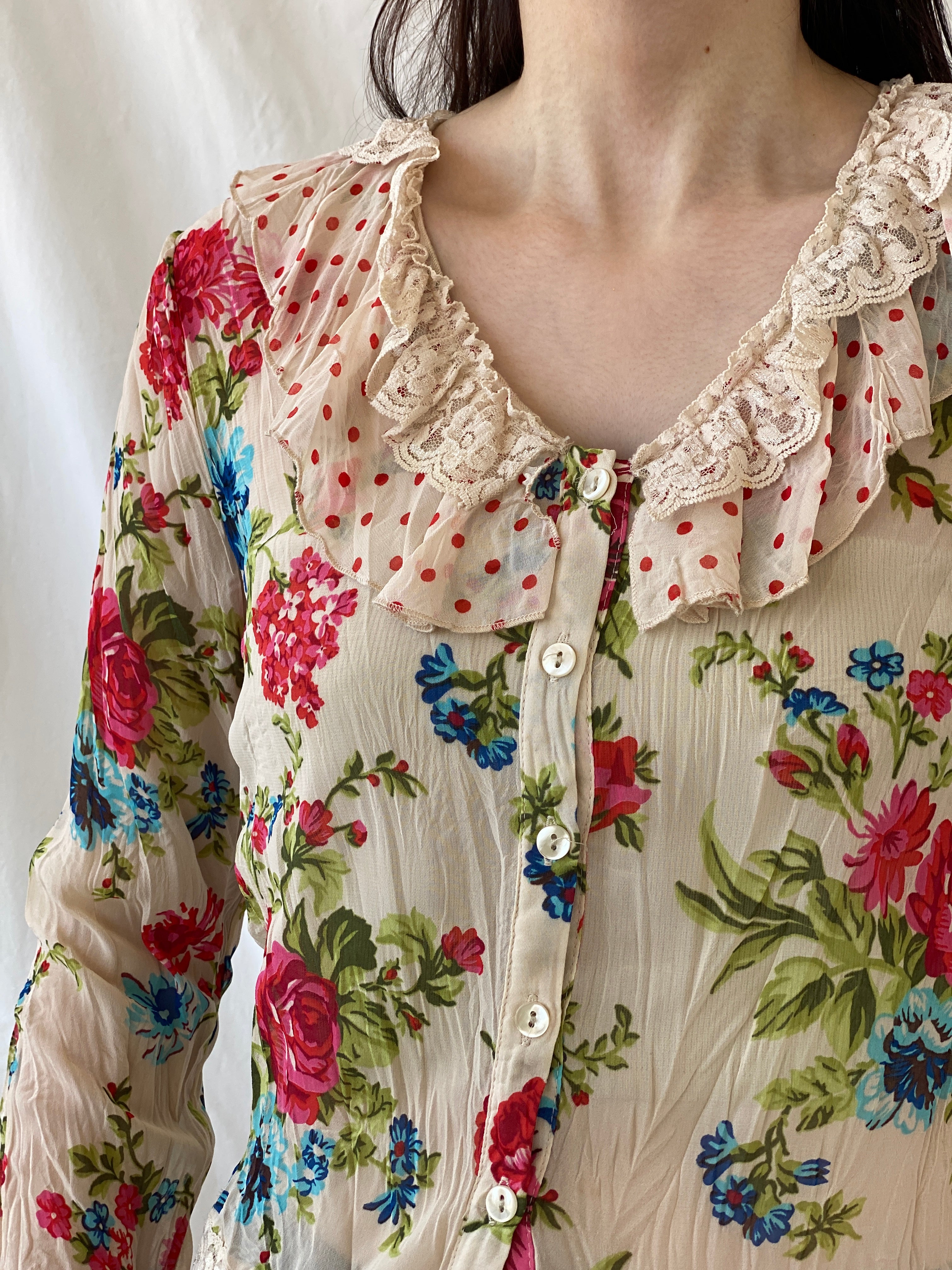 Vintage Jacqueline Riu Floral Ruffle Button-Up Blouse Cottagecore Romantic Lace Cardigan Top- S