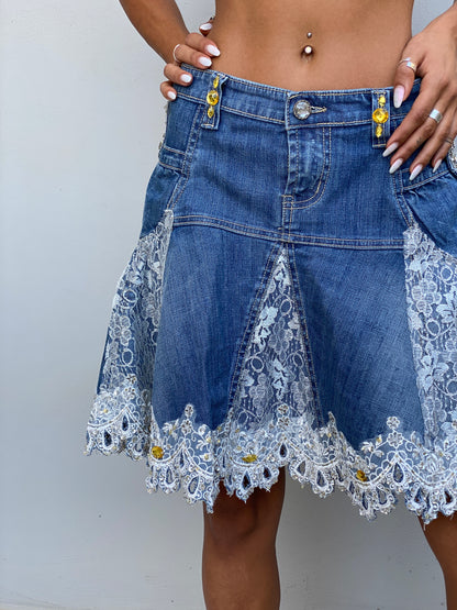 Y2K Rosa & Rose Blue Cotton Denim Lace Rhinestone Flared Skirt – S
