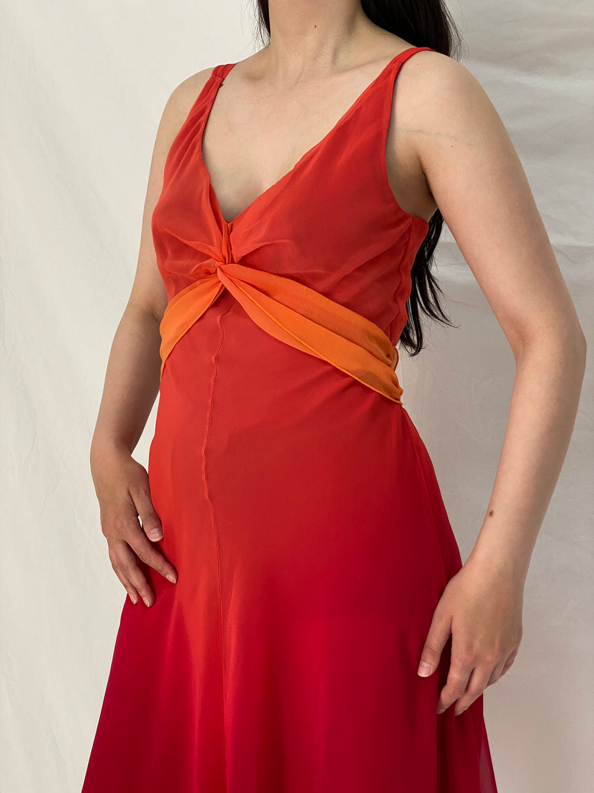 Vintage 90s BAY Red Orange Ombre Chiffon Midi Wedding Guest Dress – M Vintage 90s BAY Red Orange Ombre Chiffon Midi Wedding Guest Dress – M