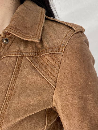 Vintage Y2K Stradivarius Brown Real Leather Moto Fitted Jacket - S