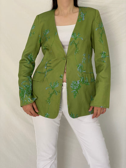 Vintage Y2K Botanical Olive Green & Blue Floral Longline Blazer - L