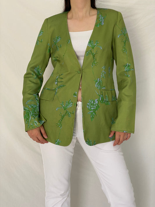 Vintage Y2K Botanical Olive Green & Blue Floral Longline Blazer - L
