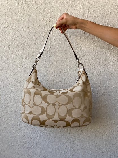 Brand New Coach Signature C Beige Jacquard Canvas Monogram White Stripe Convertible Hobo Shoulder Bag - F19281