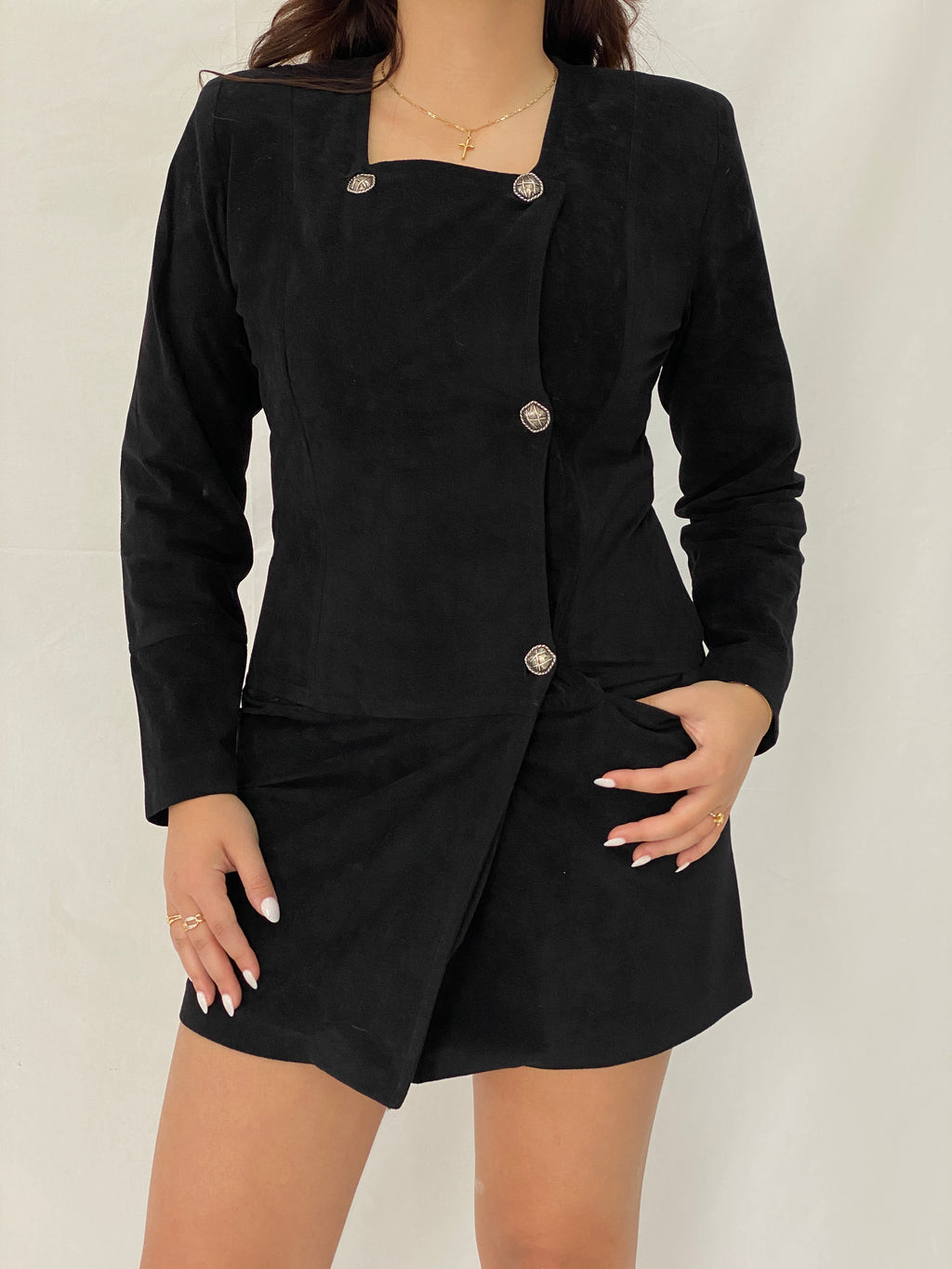 Vintage Black Suede-Look Fitted Blazer Mini Dress Asymmetrical Button Detail Long Sleeve Office Dress - S