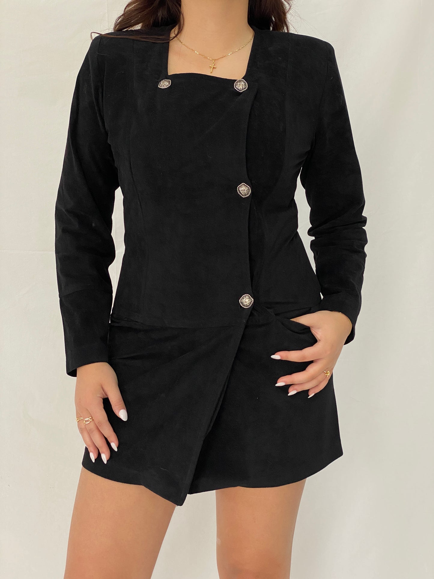 Vintage Black Suede-Look Fitted Blazer Mini Dress Asymmetrical Button Detail Long Sleeve Office Dress - S