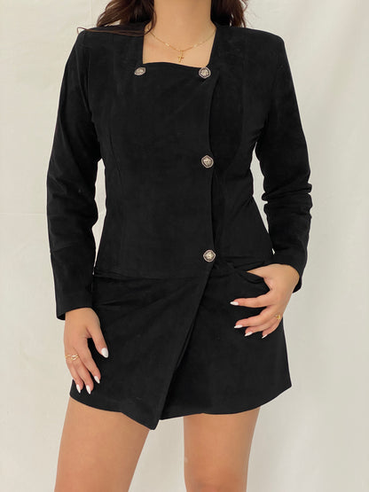 Vintage Black Suede-Look Fitted Blazer Mini Dress Asymmetrical Button Detail Long Sleeve Office Dress - S