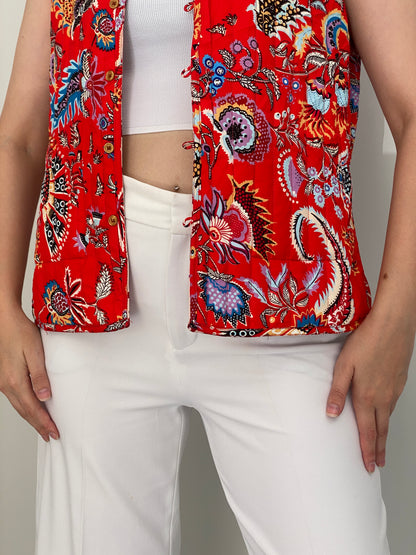 Vintage Reversible Red Floral Quilted Boho Vest – M
