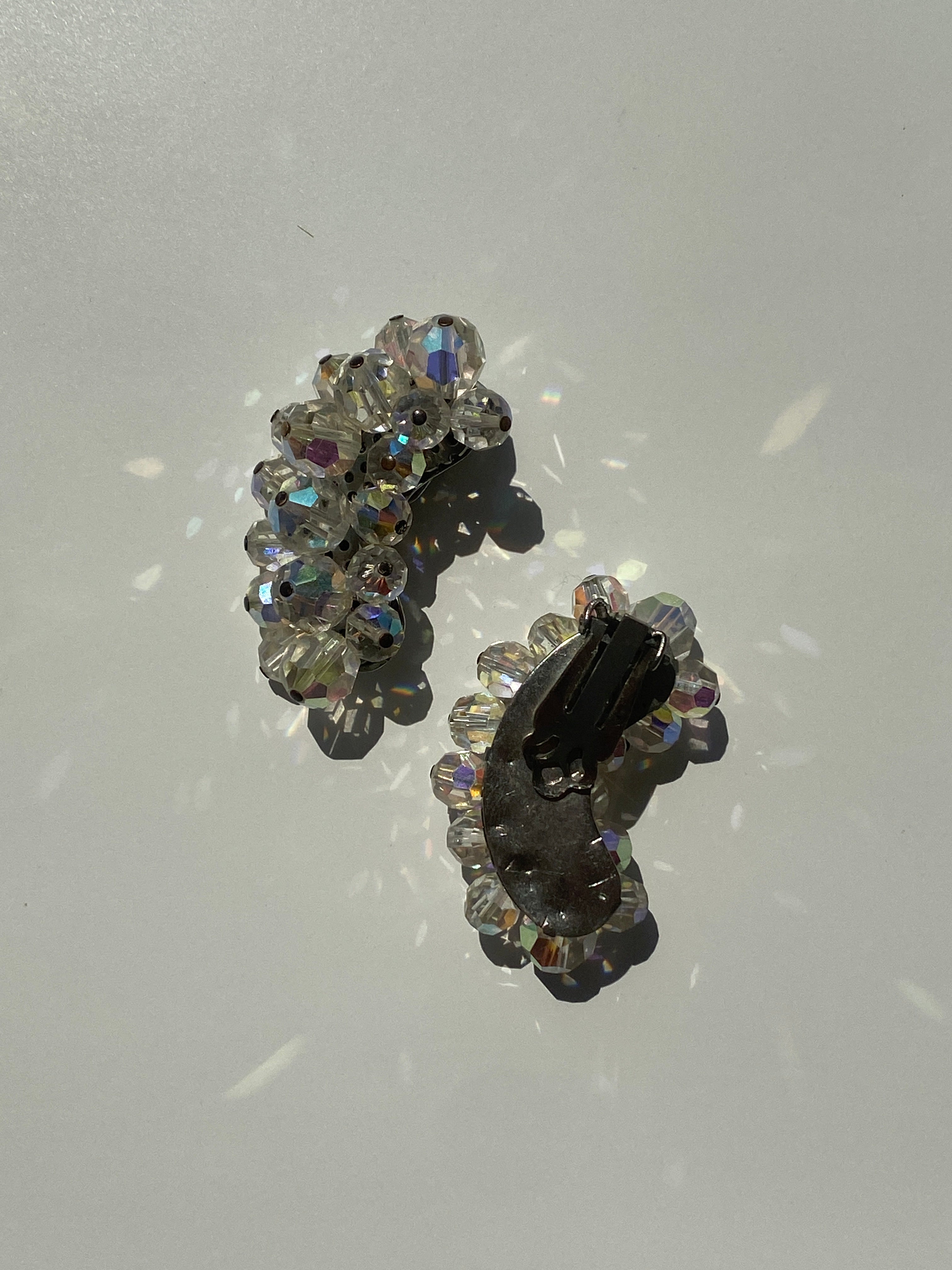 Vintage Silver Tone Crystal Crescent Clip On Earrings