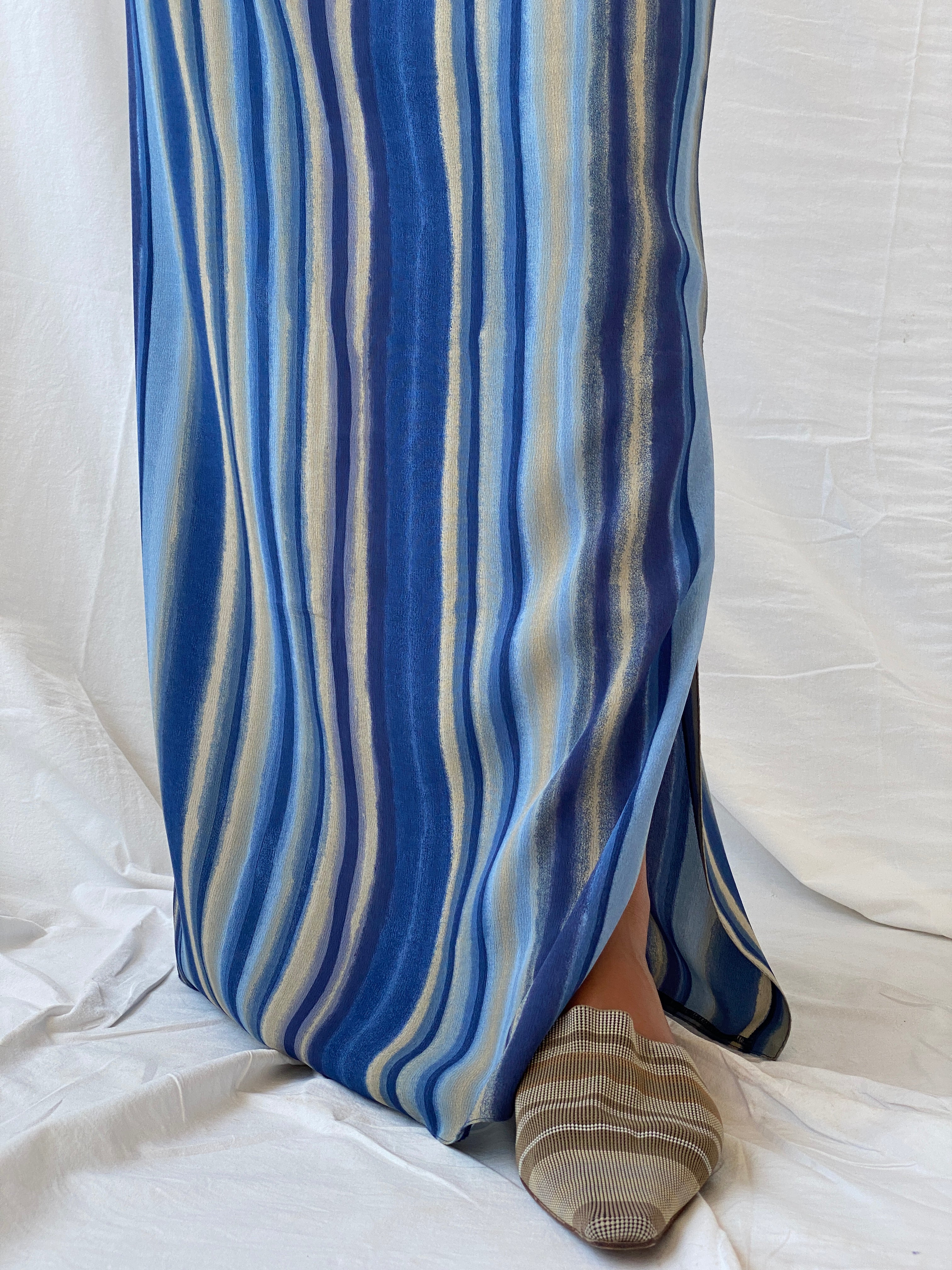 Vintage Handmade Striped Blue and Beige Beach Maxi Skirt - M
