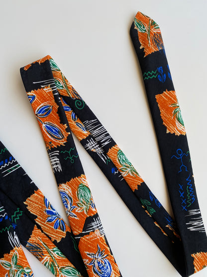 Vintage 90s T Fashion Black Orange Floral Abstract Wide Necktie