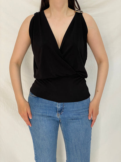 Vintage Y2K Black Glam Draped Party Sleeveless Clubwear Top – S