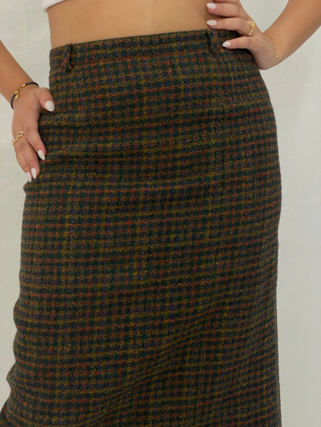 Vintage Solfin Wool-Blend Tweed Pencil Skirt Multicolor Check Plaid High-Waist Midi Skirt - M