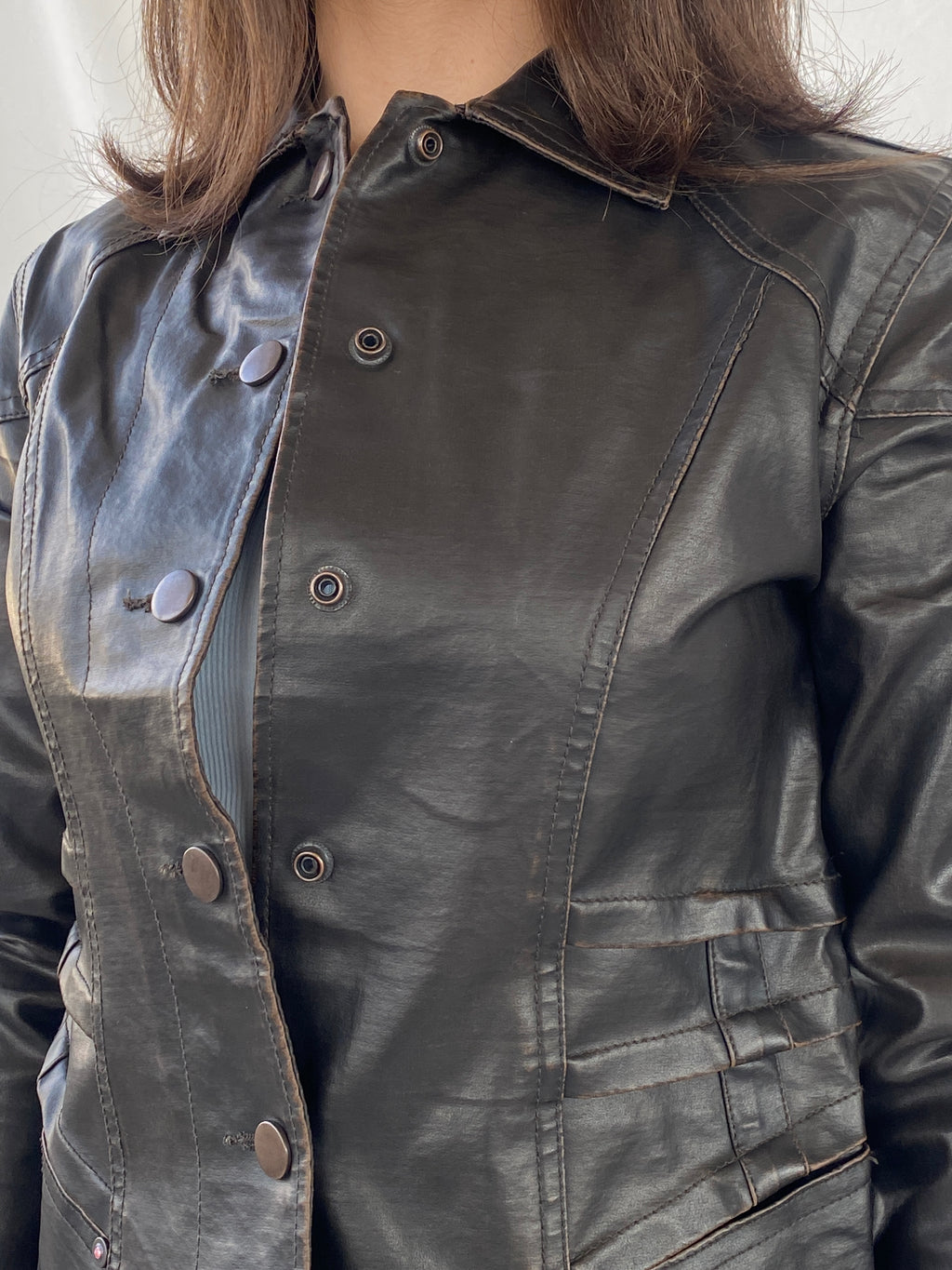Vintage Distressed Black Structured Leather Clip Up Jacket - XS