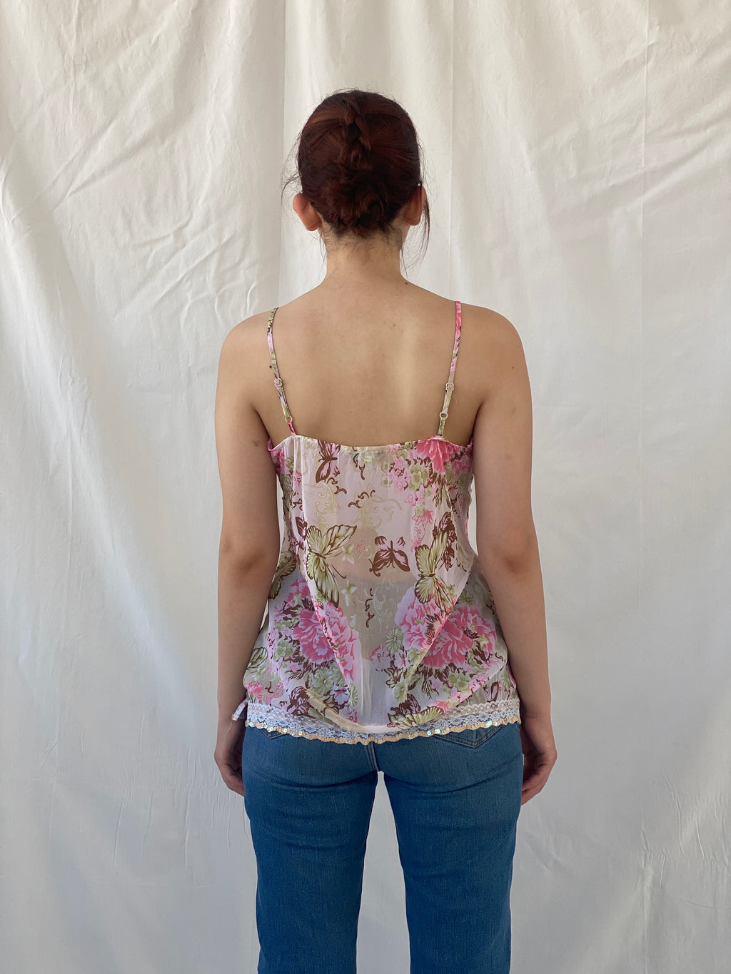 Y2K Amisu Floral Sequined Cami Top With Lace Detailing - M