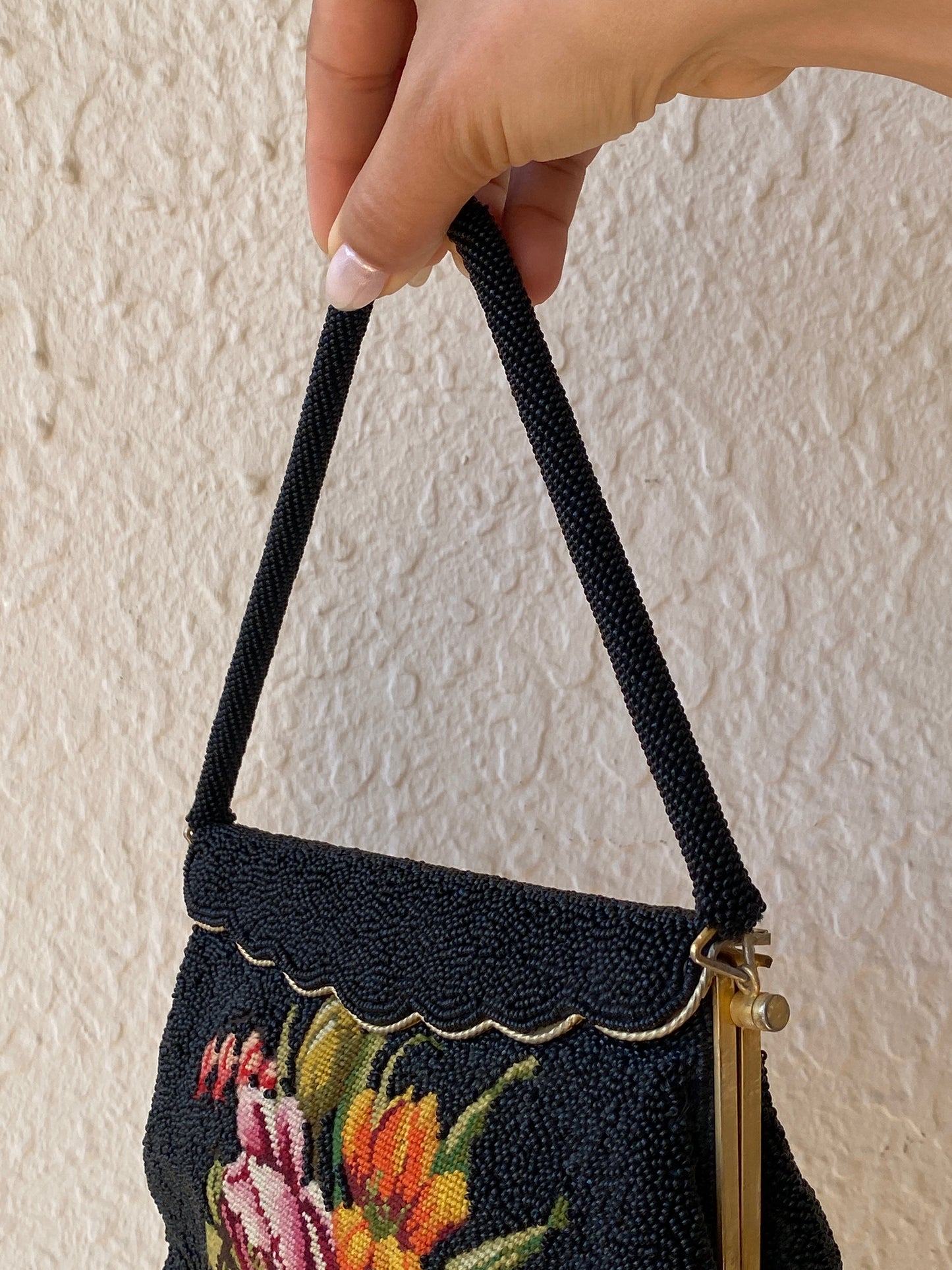 Vintage 1950s Black Micro Beaded Tapestry Floral Evening Bag – Gold Frame Mini Handbag