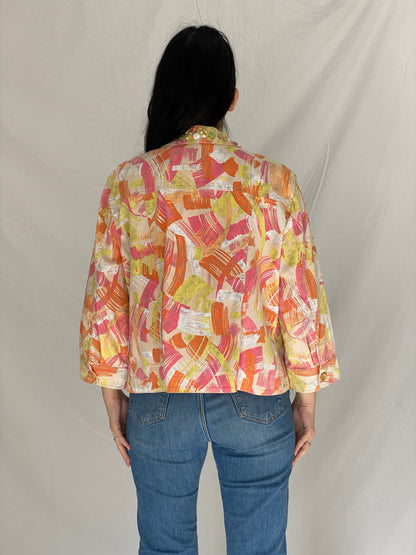Vintage Ruby Rd Abstract Print Embellished Denim Jacket - L