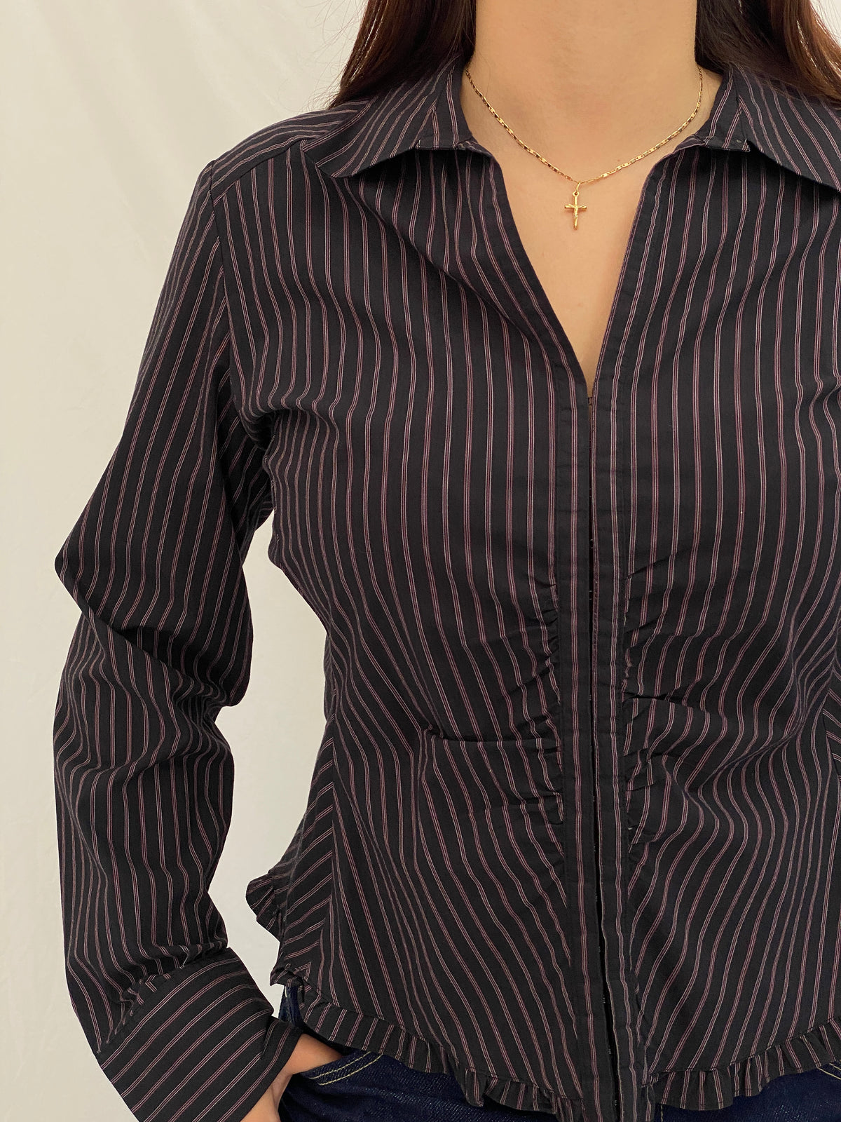 Vintage Y2K RW & Co. Black Pink Pinstripe Ruched Ruffle Zip-Up Blouse - XL Vintage Y2K RW & Co. Black Pink Pinstripe Ruched Ruffle Zip-Up Blouse - XL