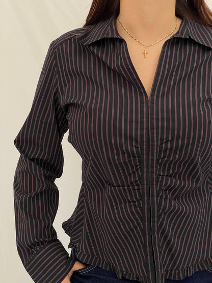 Vintage Y2K RW & Co. Black Pink Pinstripe Ruched Ruffle Zip-Up Blouse - XL