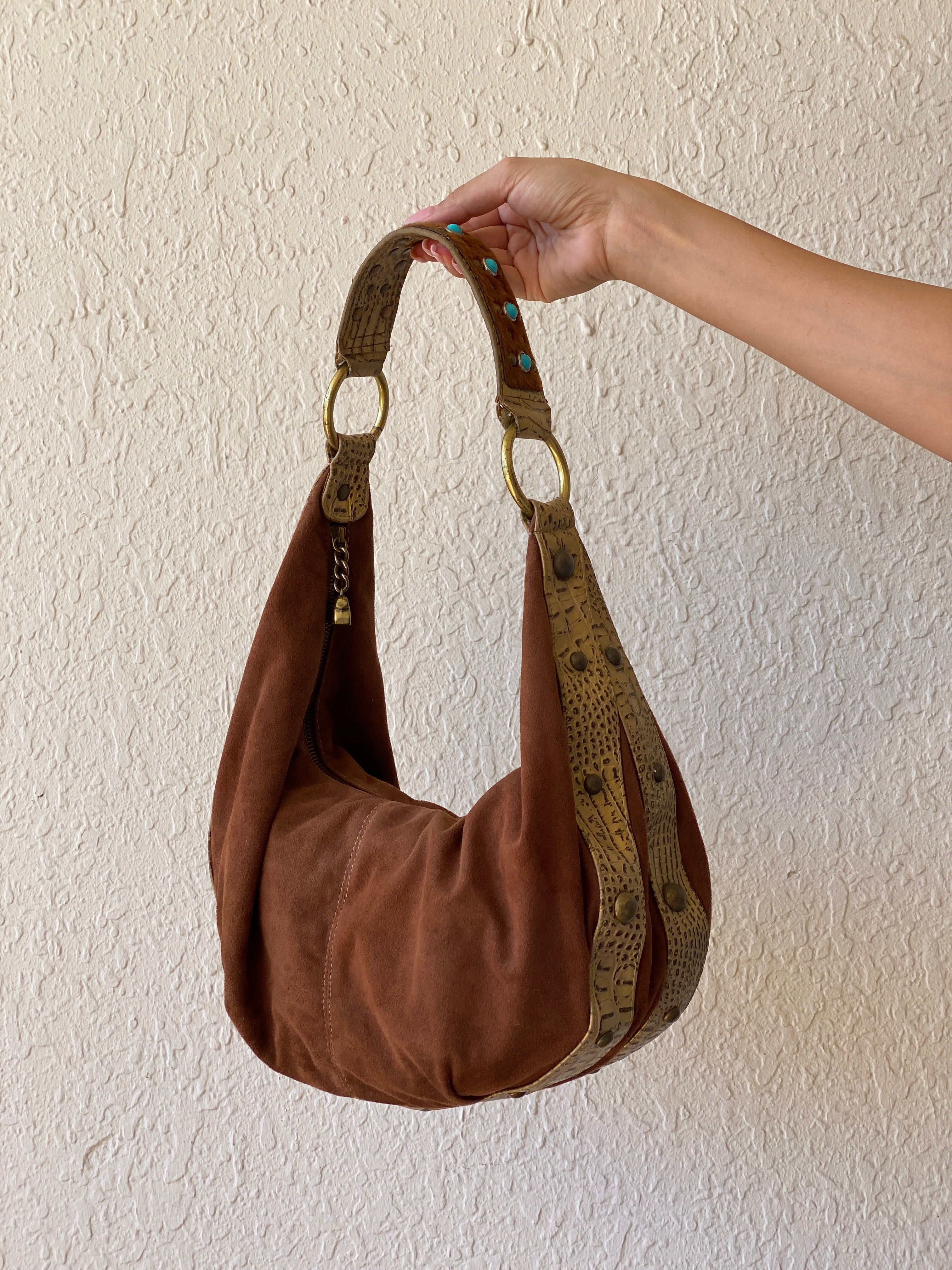 Gorgeous Kathy Van Zeeland Brown Vegan Suede Gold Faux Leather Trim Western Boho Shoulder Bag