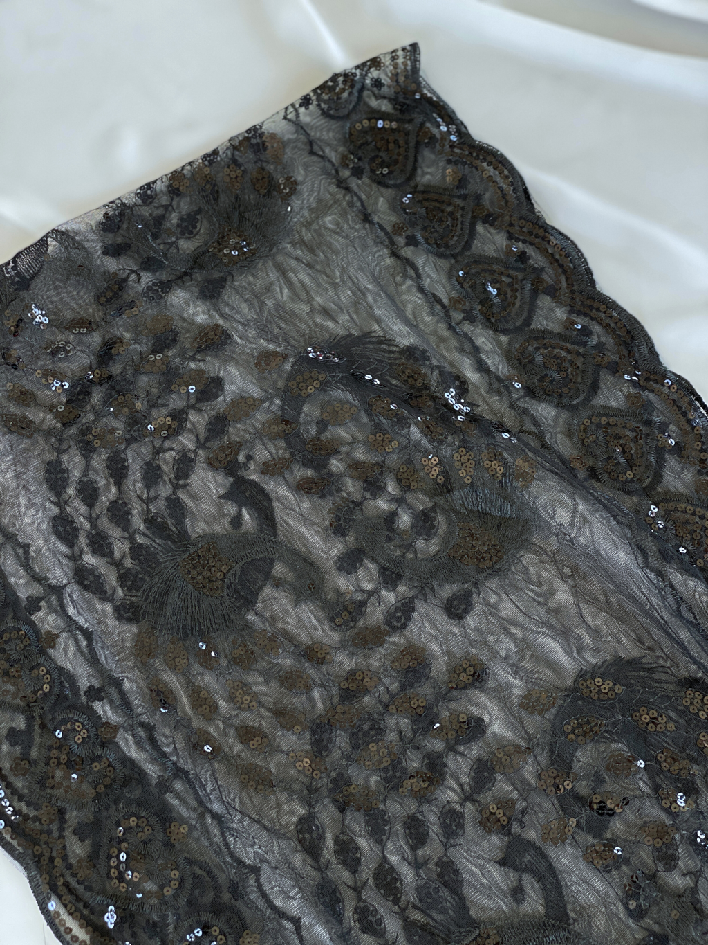 Black Sheer Polyester Scarf with Peacock Embroidery, Sequins & Fringe Evening Shawl / Dressy Wrap